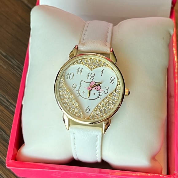 Hello Kitty Watch, Gold Crystals, White Band - Picture 1 of 10